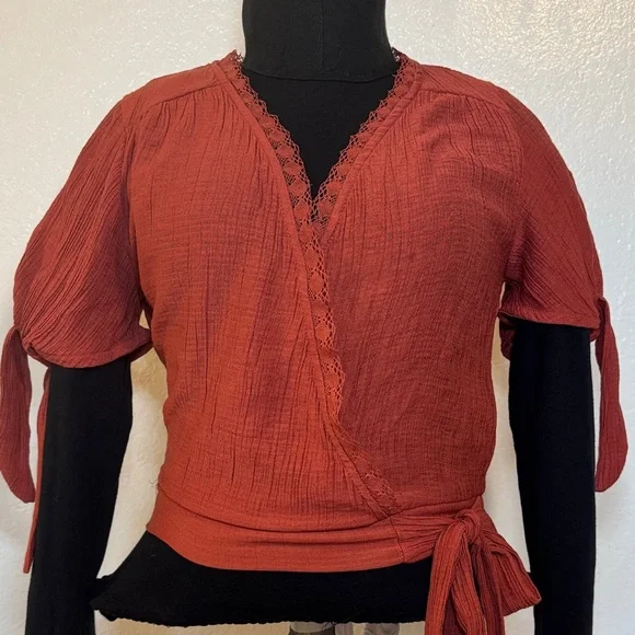 Mine Rust Wrap Blouse with Lace Trim - Picture 2 of 12